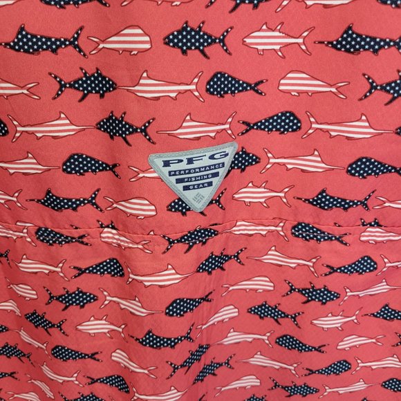 Columbia Pfg Men's Large Button Front Shirt Red Budweiser Fish Print - Picture 4 of 8